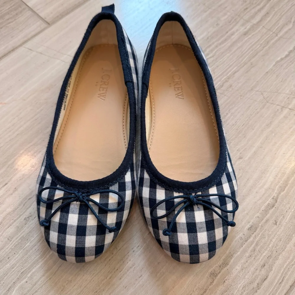 J.Crew Crewcuts Gingham Ballet Flats Bow Plaid Classic Navy White BN824 11 EUC